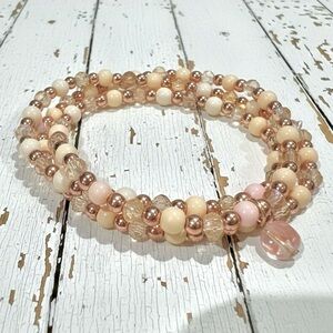 Pastel Pink & Crystal Beaded Triple Wrap Bracelet with Rose Gold Hematite